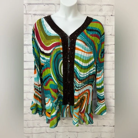 Maggie Barnes Plus 4X 30/32W Chiffon Striped Lace Sequin Peplum Blouse Pleats - Picture 1 of 8